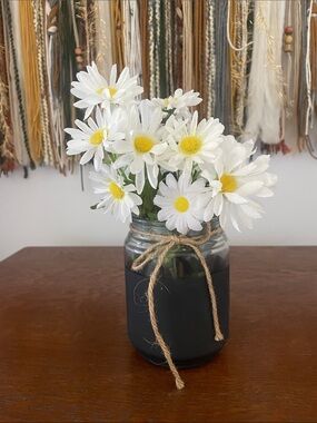 White Daisy Faux Floral Arrangement in Black Mason Jar